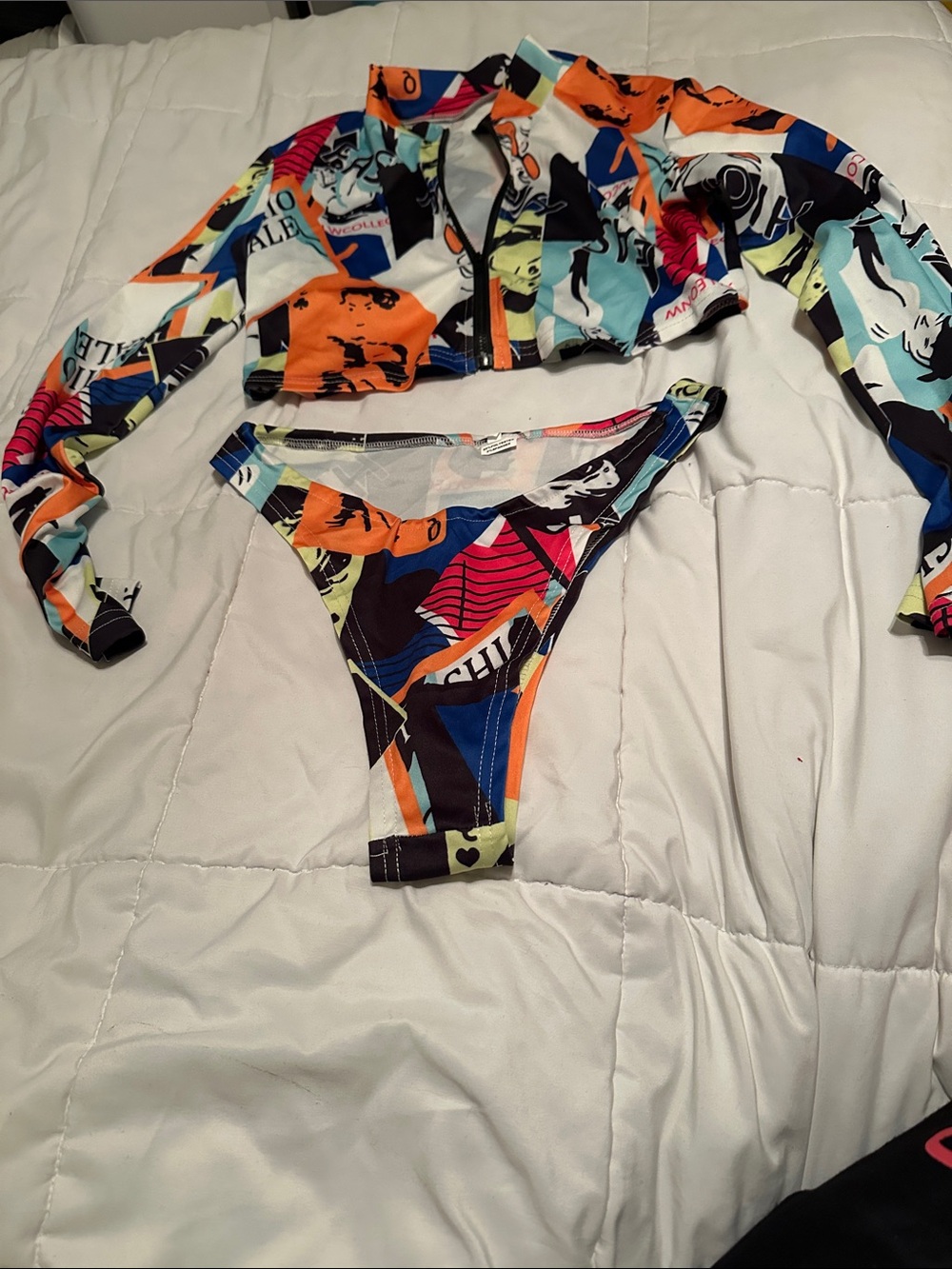 2 Piece sexy zipper Top Geometric like NEW Colorful Abstract Print Swim Set